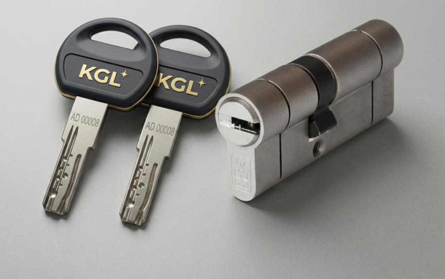 Un cilindro europeo di sicurezza in acciaio satinato posizionato accanto a due chiavi moderne con impugnatura nera e logo KGL inciso in oro. La composizione è inserita all'interno di un'ambientazione elegante con dettagli in marmo bianco, venature grigie e profili geometrici dorati.